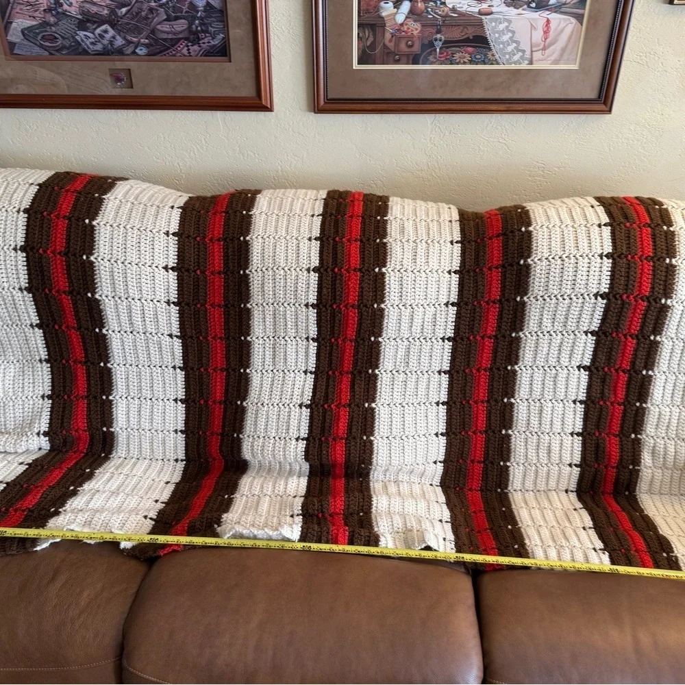 Vintage Hand Made Crocheted Afghan Red and Brown Striped Retro Throw Blanket